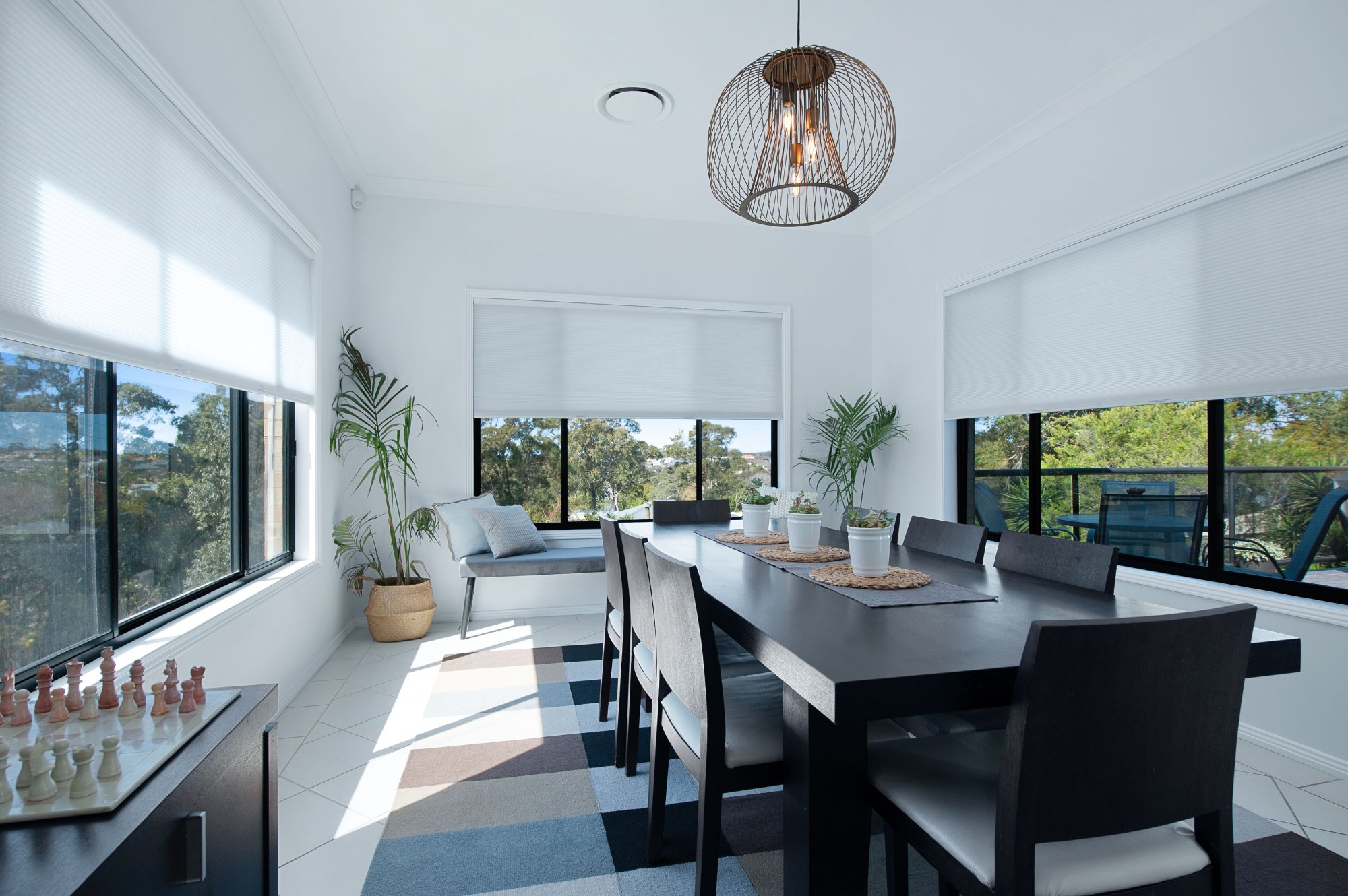 Honeycomb shades providing light diffusion in a Las Vegas living area
